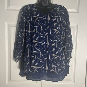 Chicos Shirt Women 2/L Midnight Blue Chopsticks Layered Chiffon Blouse Boho Top